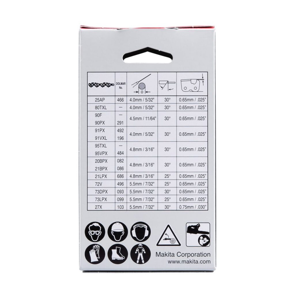 MAKITA Teräketju 46, 0.325", 1,1mm, 10" / 25 cm. Kuvassa tuotteen myyntipakkaus takaapäin.