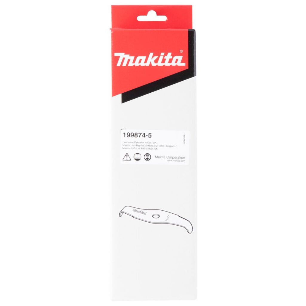 MAKITA Ruohoterä silppuava 2lapainen, 270x25,4 mm, UR012G. Kuvassa tuotteen myyntipakkaus edestäpäin.