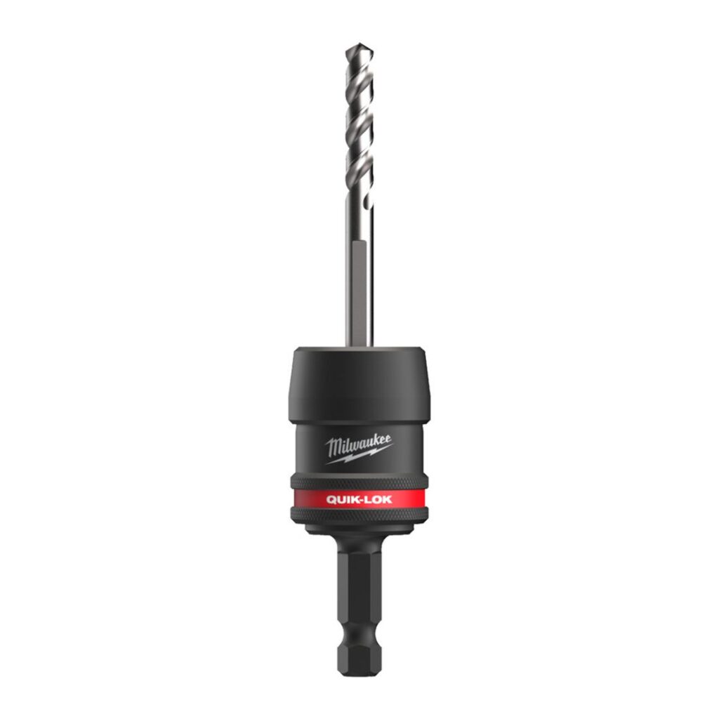 Milwaukee QUIK-LOK™ pikaistukka reikäsahalle 3/8". Kuvassa pikaistukka pystyasennossa, jossa keskiöterä kiinnitettynä.