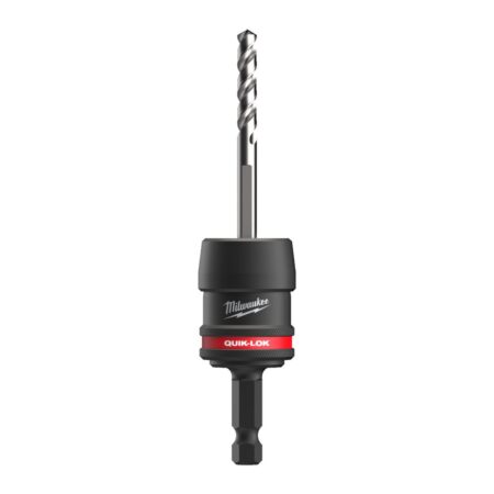 Milwaukee QUIK-LOK™ pikaistukka reikäsahalle 3/8". Kuvassa pikaistukka pystyasennossa, jossa keskiöterä kiinnitettynä.