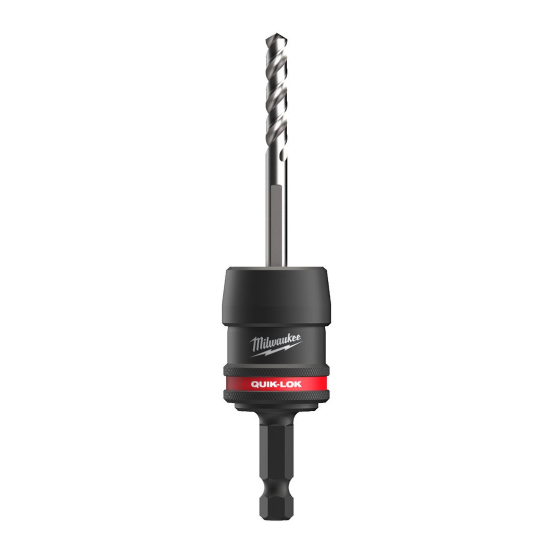 Milwaukee QUIK-LOK™ pikaistukka reikäsahalle 3/8". Kuvassa pikaistukka pystyasennossa, jossa keskiöterä kiinnitettynä.