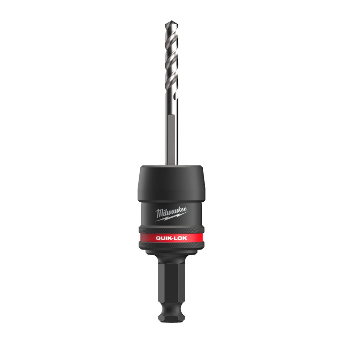 Milwaukee QUIK-LOK™ pikaistukka reikäsahalle 7/16". Kuvassa pikaistukka pystyasennossa keskiöterä kiinnitettynä.