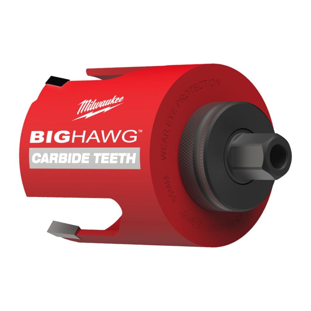 Milwaukee QUIK-LOK™ XL 5/8″x18 adapteri. Kuvassa adapteri sivustapäin vaaka-asennossa reikäsahanterä kiinnitettynä adapteriin.