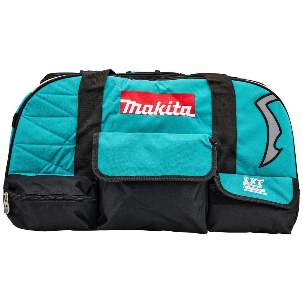 MAKITA Kangaslaukku yleismalli. Omat taskut koneille ja tarvikkeille. 600 x 350 x 300 mm. Kuvassa Kangaslaukku yleismalli. Omat taskut koneille ja tarvikkeille. 600 x 350 x 300 mm. takaapäin.