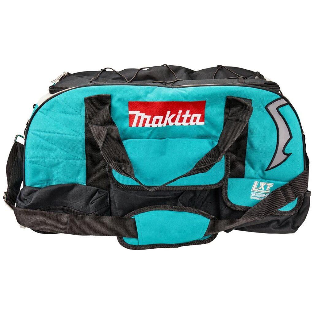 MAKITA Kangaslaukku yleismalli. Omat taskut koneille ja tarvikkeille. 600 x 350 x 300 mm. Kuvassa Kangaslaukku yleismalli. Omat taskut koneille ja tarvikkeille. 600 x 350 x 300 mm. edestäpäin.