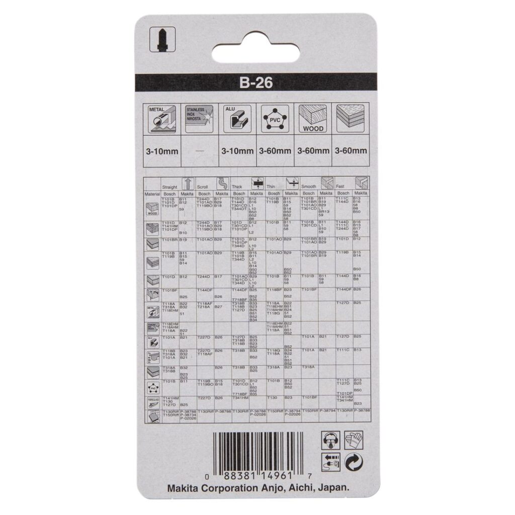 MAKITA Pistosahanterä 70mm B26 puu ja muovi, 5kpl. Kuvassa tuotteen myyntipakkaus takaapäin.