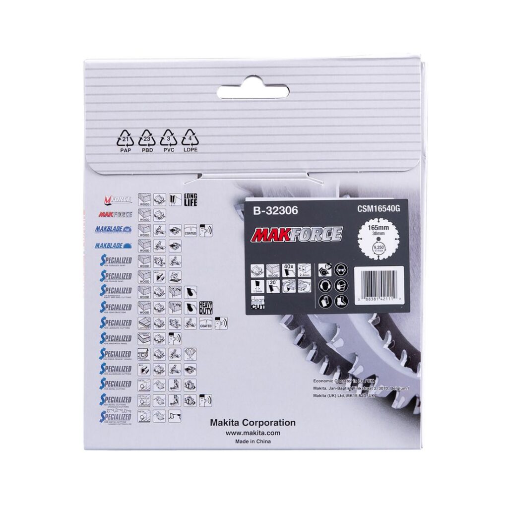 MAKITA Pyörösahanterä 165 x 30 x 2,4 mm, Z40 puulle. Kuvassa tuotteen myyntipakkaus takaapäin.