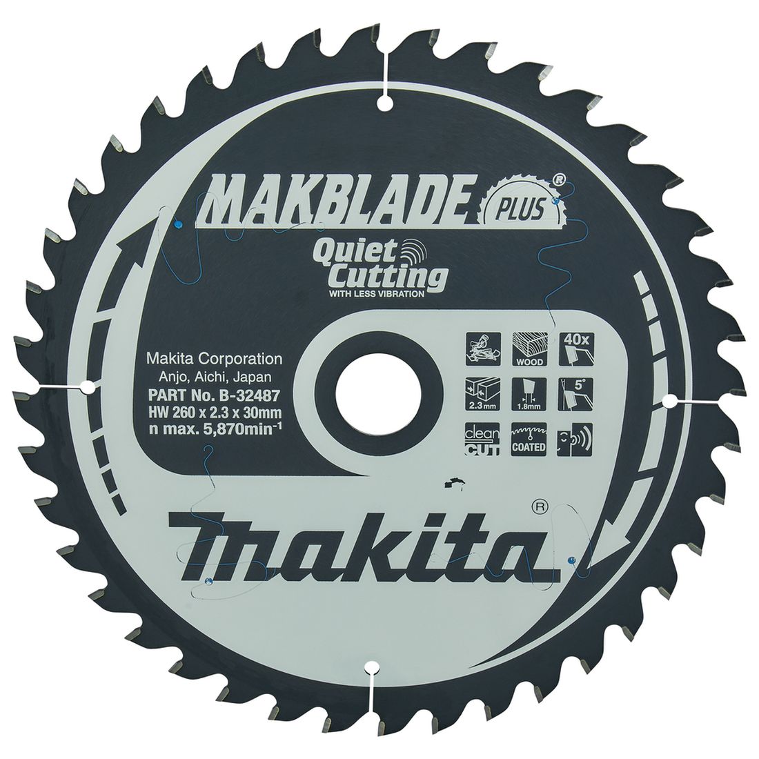 MAKITA Pyörösahanterä 165 x 30 x 2,4 mm, Z40 puulle. Kuvassa Pyörösahanterä 165 x 30 x 2,4 mm, Z40 puulle edestäpäin