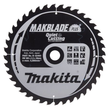 MAKITA Pyörösahanterä 305x30x2,3 mm, Z40, Makblade Plus. Kuvassa Pyörösahanterä 305x30x2,3 mm, Z40, Makblade Plus edestäpäin.