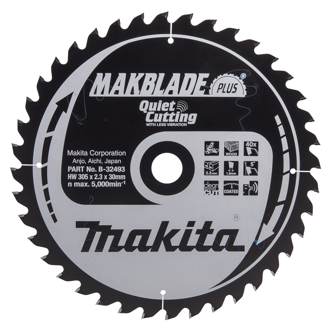 MAKITA Pyörösahanterä 305x30x2,3 mm, Z40, Makblade Plus. Kuvassa Pyörösahanterä 305x30x2,3 mm, Z40, Makblade Plus edestäpäin.