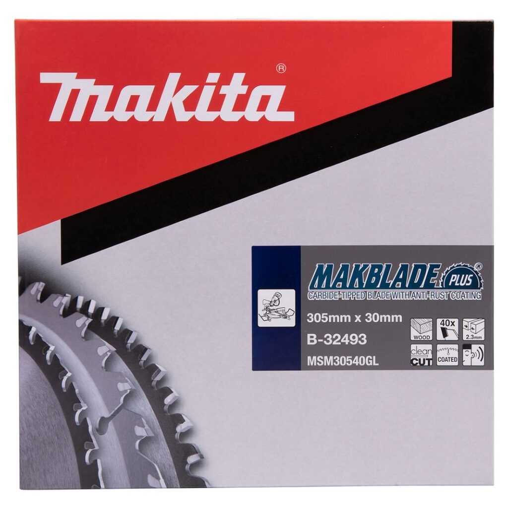 MAKITA Pyörösahanterä 305x30x2,3 mm, Z40, Makblade Plus. Kuvassa tuotteen myyntipakkaus edestäpäin.