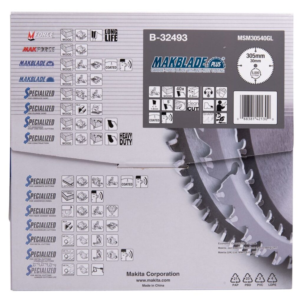 MAKITA Pyörösahanterä 305x30x2,3 mm, Z40, Makblade Plus. Kuvassa tuotteen myyntipakkaus takaapäin.