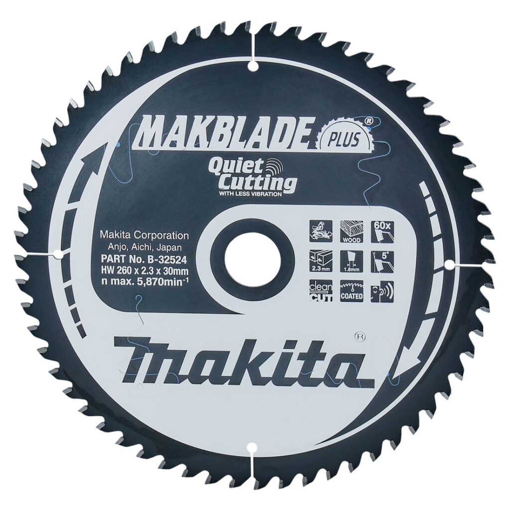 MAKITA Pyörösahanterä 260x30x2,3 mm, Z60, hiljainen Makblade Plus. Kuvassa Pyörösahanterä 260x30x2,3 mm, Z60, hiljainen Makblade Plus edestäpäin.