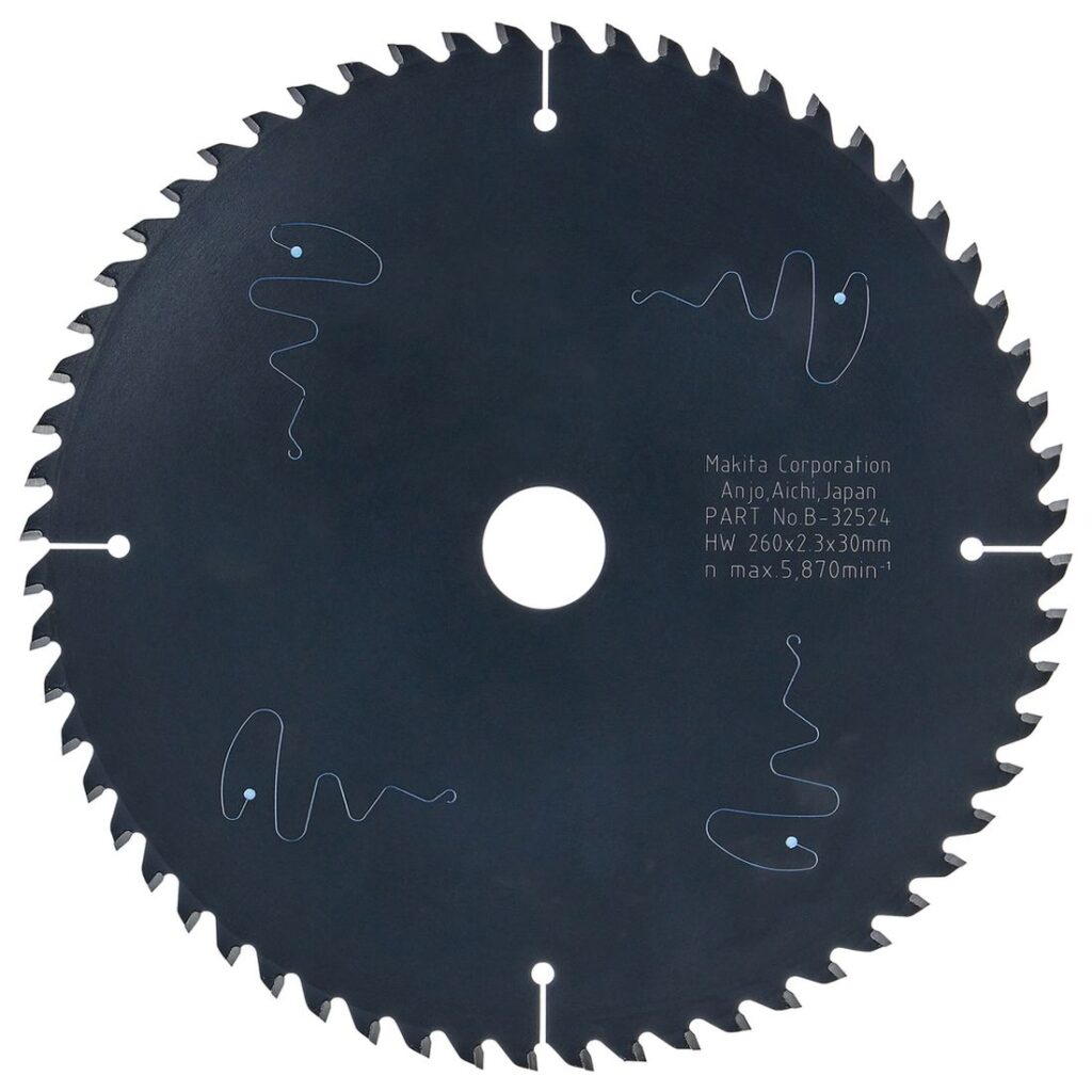 MAKITA Pyörösahanterä 260x30x2,3 mm, Z60, hiljainen Makblade Plus. Kuvassa Pyörösahanterä 260x30x2,3 mm, Z60, hiljainen Makblade Plus takaapäin.