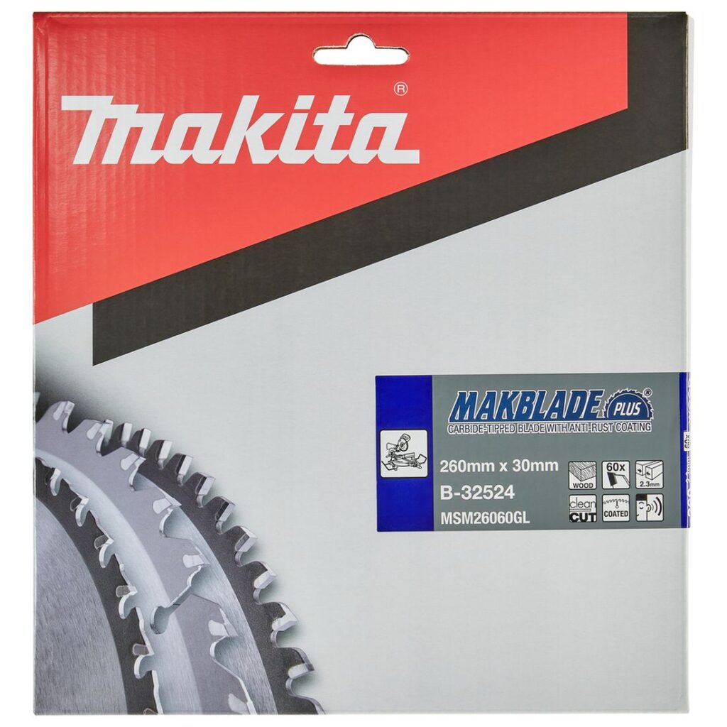 MAKITA Pyörösahanterä 260x30x2,3 mm, Z60, hiljainen Makblade Plus. Kuvassa tuotteen myyntipakkaus edestäpäin.