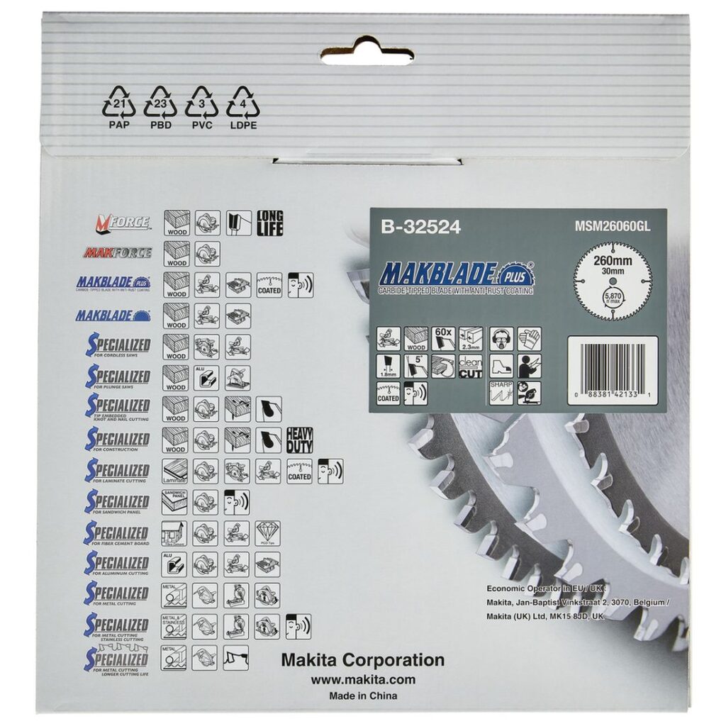 MAKITA Pyörösahanterä 260x30x2,3 mm, Z60, hiljainen Makblade Plus. Kuvassa tuotteen myyntipakkaus takaapäin.