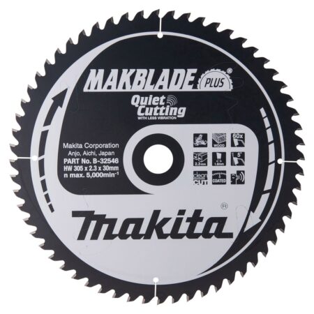 MAKITA Pyörösahanterä 305x30x2,3mm, Z60 Makblade Plus. Kuvassa Pyörösahanterä 305x30x2,3mm, Z60 Makblade Plus edestäpäin.