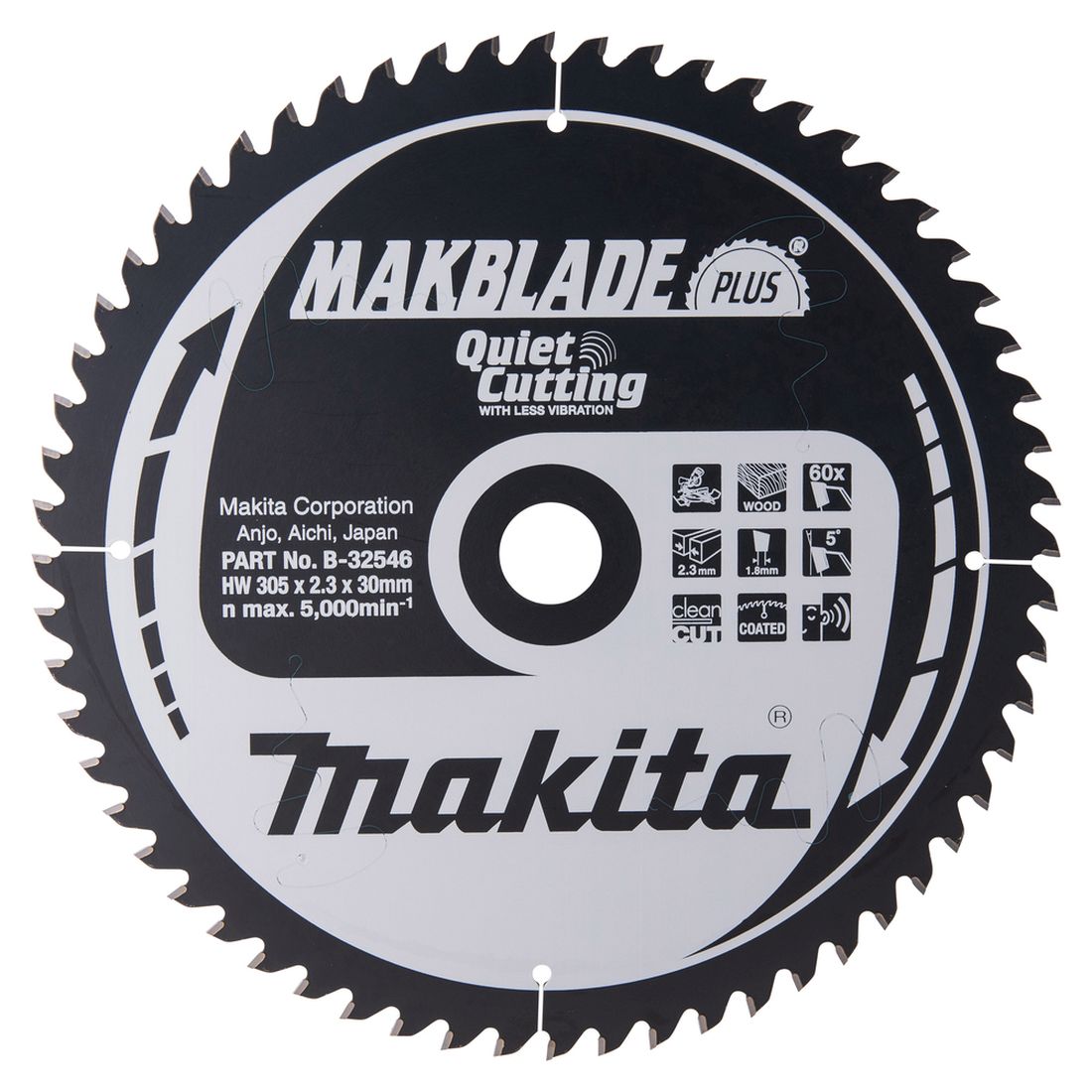 MAKITA Pyörösahanterä 305x30x2,3mm, Z60 Makblade Plus. Kuvassa Pyörösahanterä 305x30x2,3mm, Z60 Makblade Plus edestäpäin.