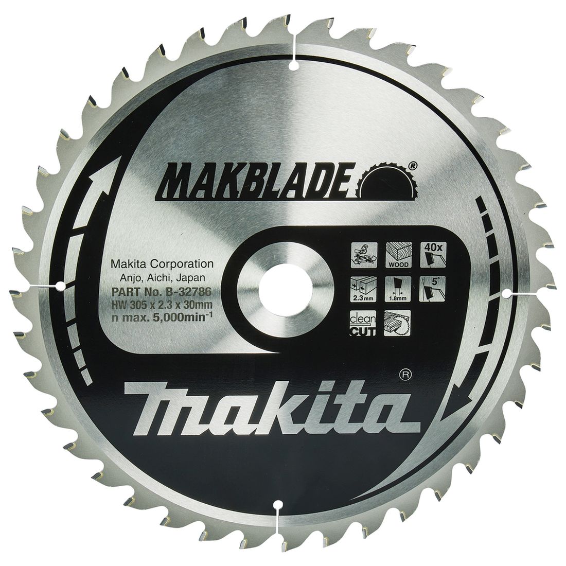 MAKITA Pyörösahanterä 305x30x2,3 mm, Z40 Makblade. Kuvassa Pyörösahanterä 305x30x2,3 mm, Z40 Makblade edestäpäin.