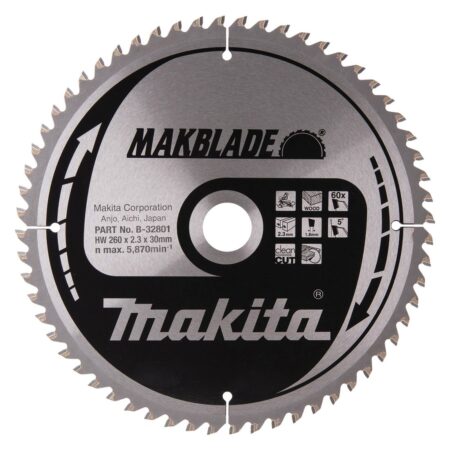 MAKITA Pyörösahanterä 260x30x2,3 mm, Z60 Makblade. Kuvassa Pyörösahanterä 260x30x2,3 mm, Z60 Makblade edestäpäin.