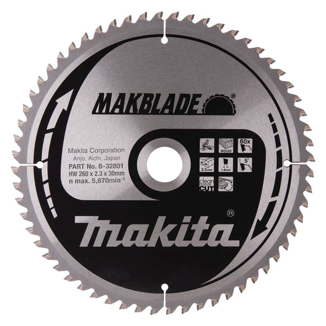 MAKITA Pyörösahanterä 260x30x2,3 mm, Z60 Makblade. Kuvassa Pyörösahanterä 260x30x2,3 mm, Z60 Makblade edestäpäin.