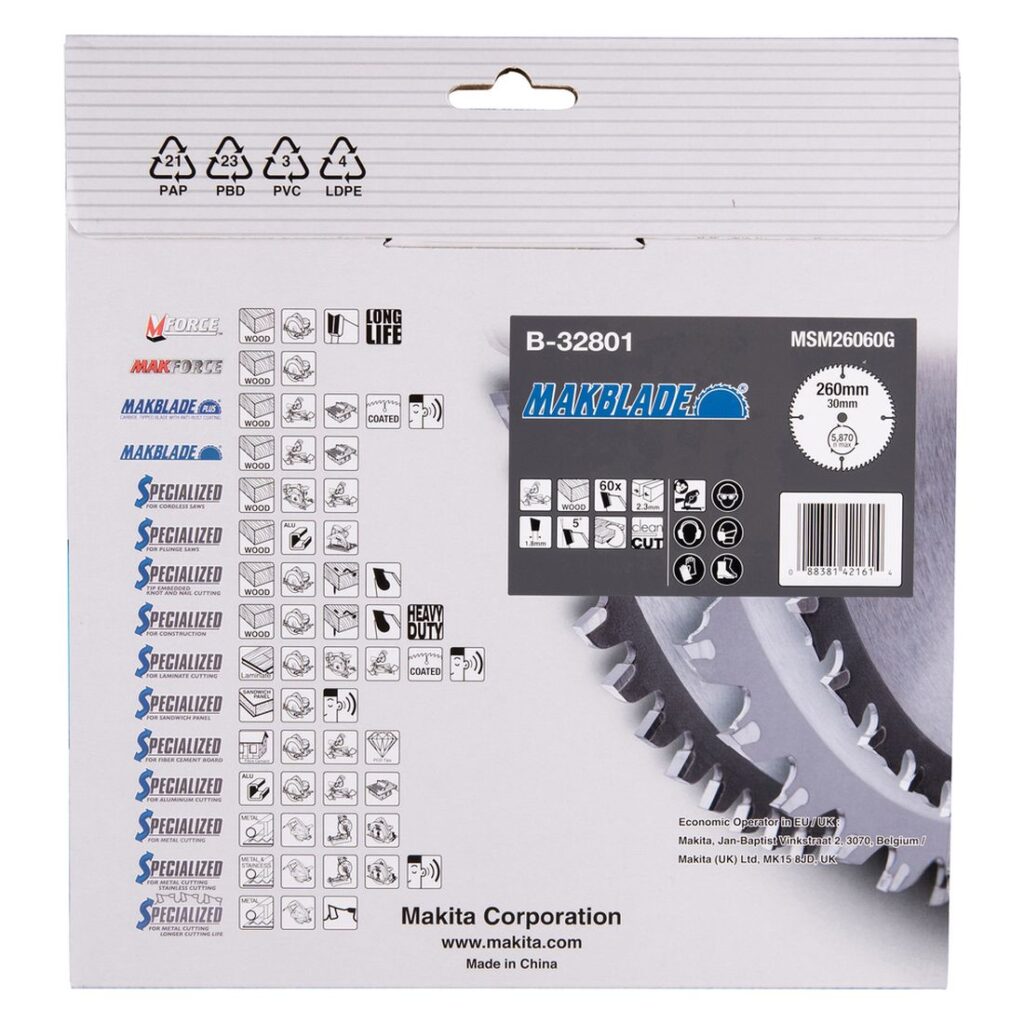 MAKITA Pyörösahanterä 260x30x2,3 mm, Z60 Makblade. Kuvassa tuotteen myyntipakkaus takaapäin.
