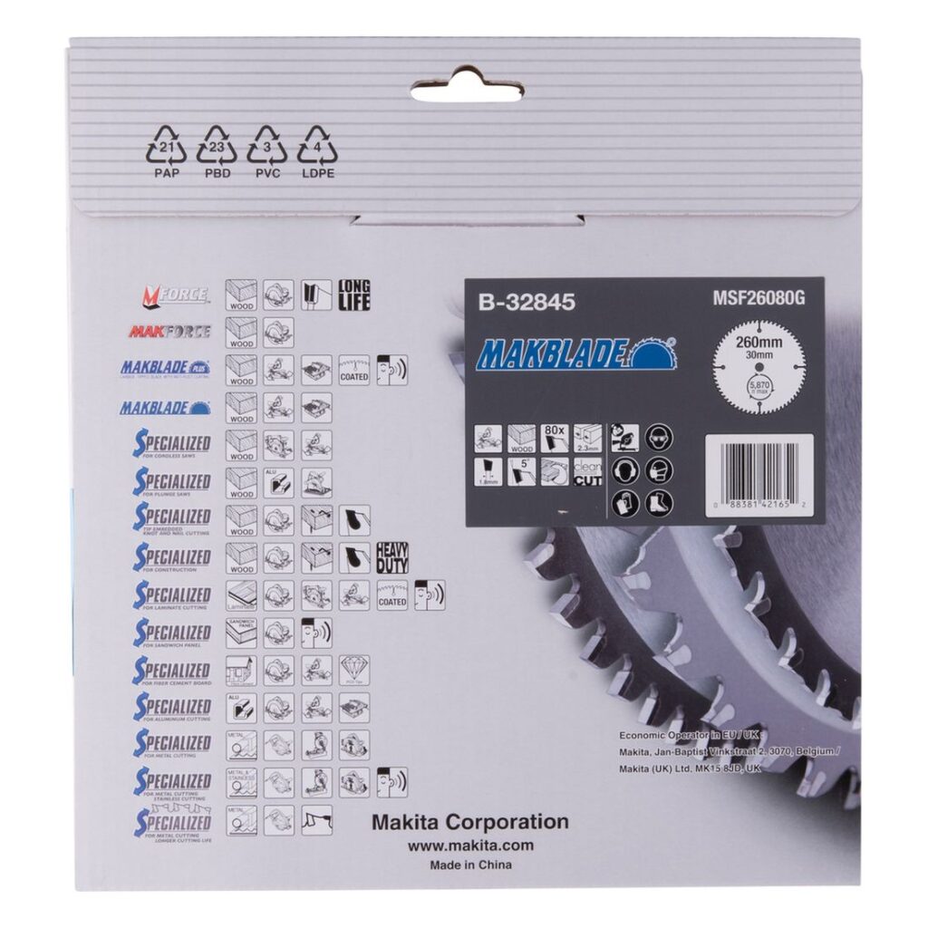 MAKITA Pyörösahanterä 260x30x2,3 mm, Z80 Makblade. Kuvassa tuotteen myyntipakkaus takaapäin.