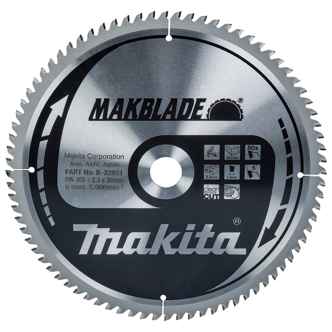 MAKITA Pyörösahanterä 305x30x2,3 mm, Z80 Makblade. Kuvassa Pyörösahanterä 305x30x2,3 mm, Z80 Makblade edestäpäin.
