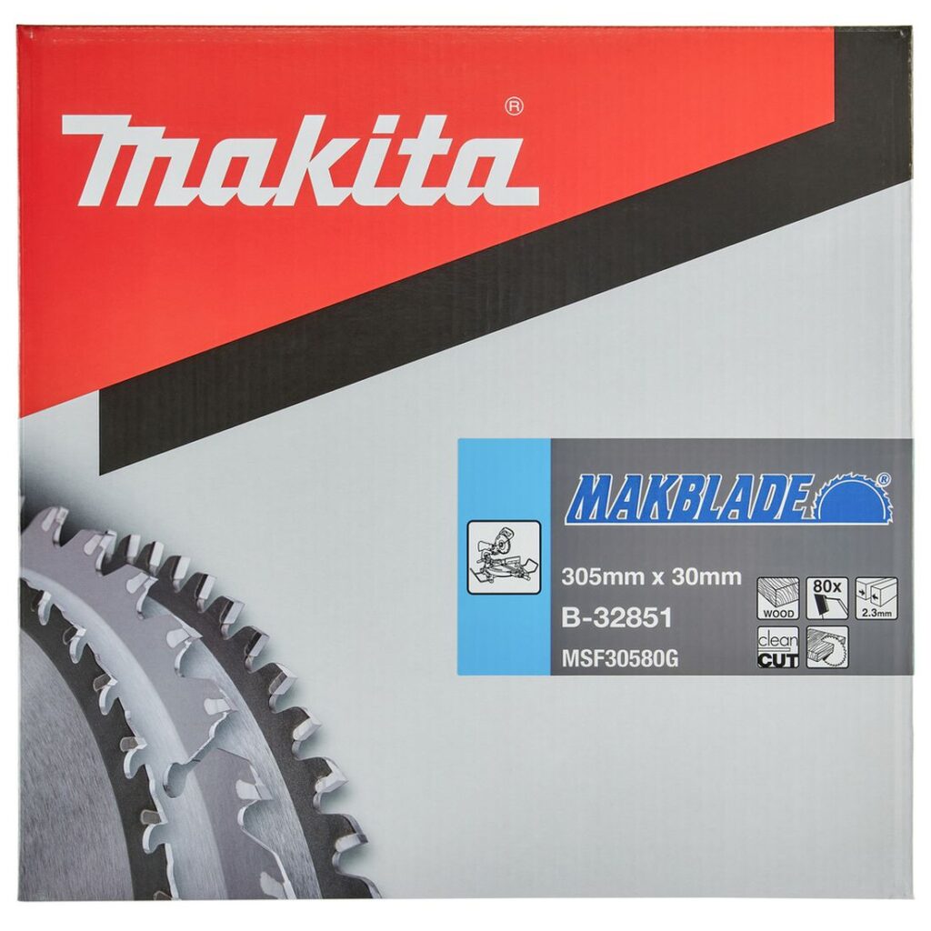 MAKITA Pyörösahanterä 305x30x2,3 mm, Z80 Makblade. Kuvassa tuotteen myyntipakkaus edestäpäin.