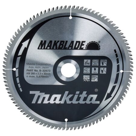 MAKITA Pyörösahanterä 260x30x2,3 mm, Z100 Makblade. Kuvassa Pyörösahanterä 260x30x2,3 mm, Z100 Makblade edestäpäin.