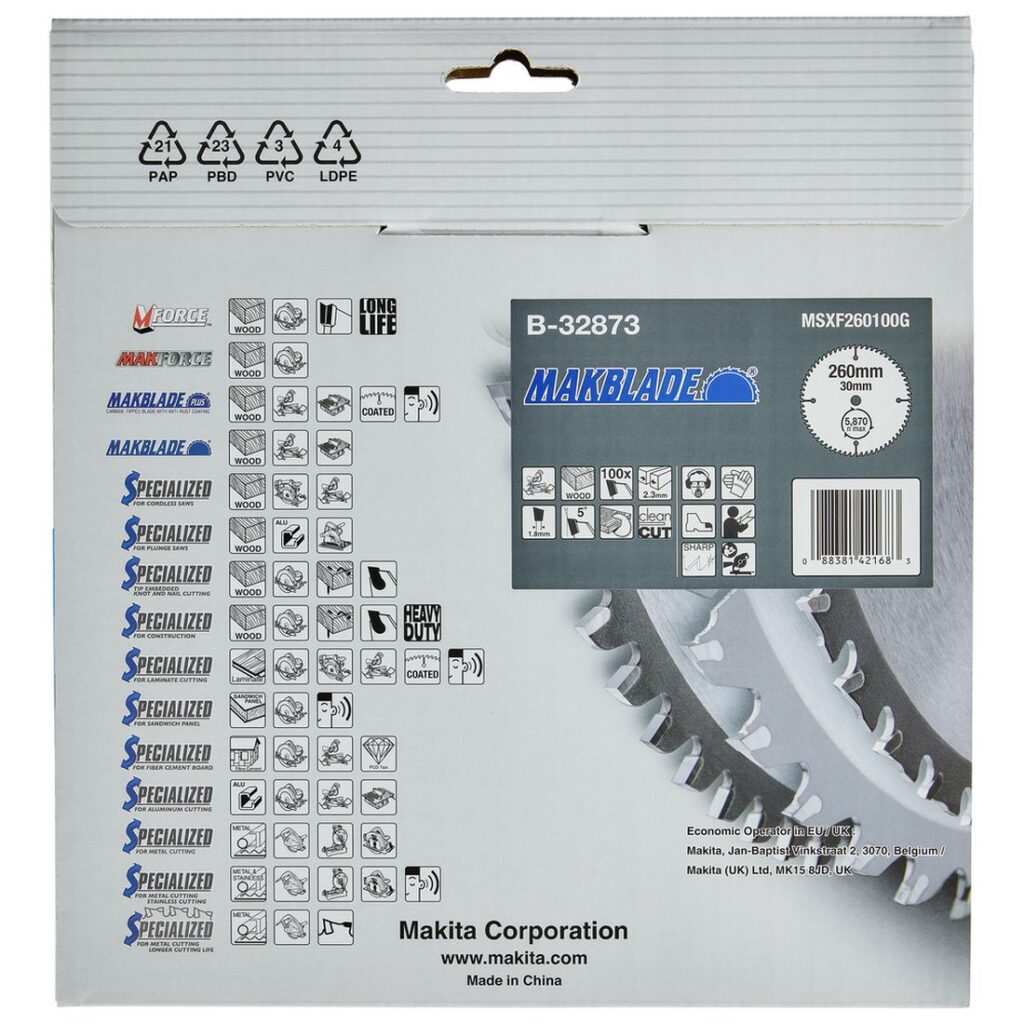 MAKITA Pyörösahanterä 260x30x2,3 mm, Z100 Makblade. Kuvassa tuotteen myyntipakkaus takaapäin.