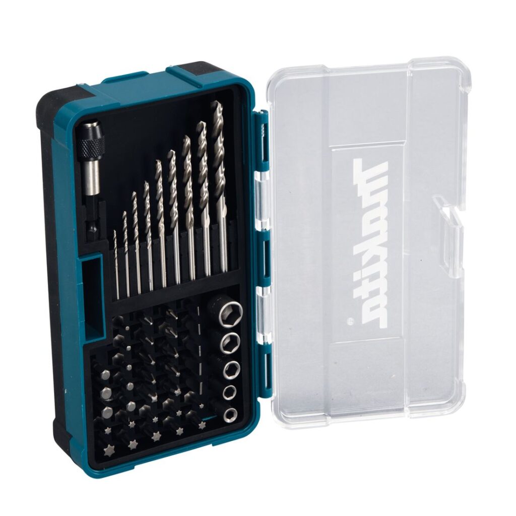 MAKITA Poranterä ja ruuvikärkisarja 48osaa hylsyillä. Kuvassa Poranterä ja ruuvikärkisarja 48osaa hylsyillä oikealta etuyläviistosta.