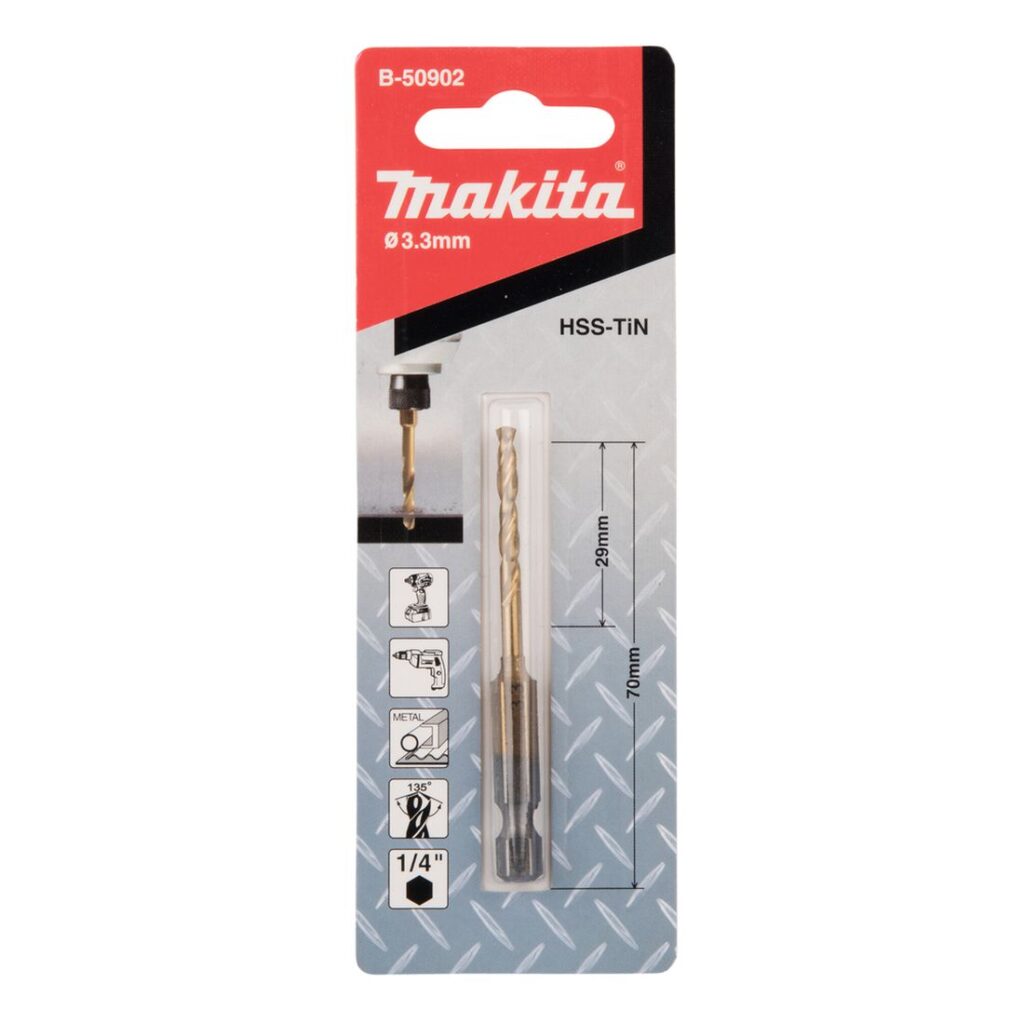 MAKITA Metalliporanterä HSSTin 3,3 mm, 1/4" bitsikiinnitys. Kuvassa tuotteen myyntipakkaus edestäpäin.