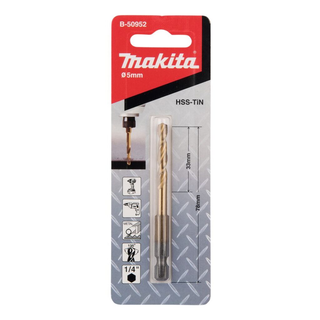 MAKITA Metalliporanterä HSSTin 5,0 mm, 1/4" bitsikiinnitys. Kuvassa tuotteen myyntipakkaus edestäpäin.