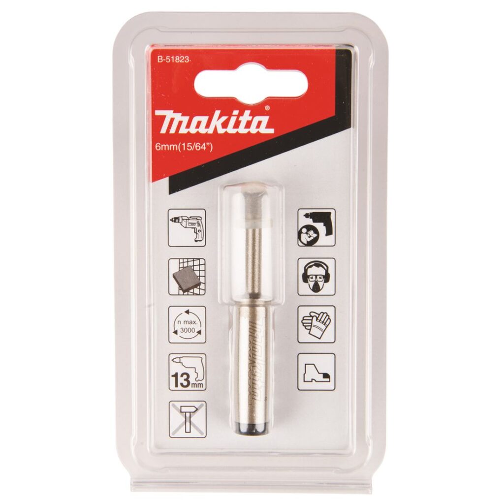 MAKITA Timanttiporanterä laatoille 6 mm. Porakoneeseen 13 mm istukalla. Kuvassa tuotteen myyntipakkaus edestäpäin.