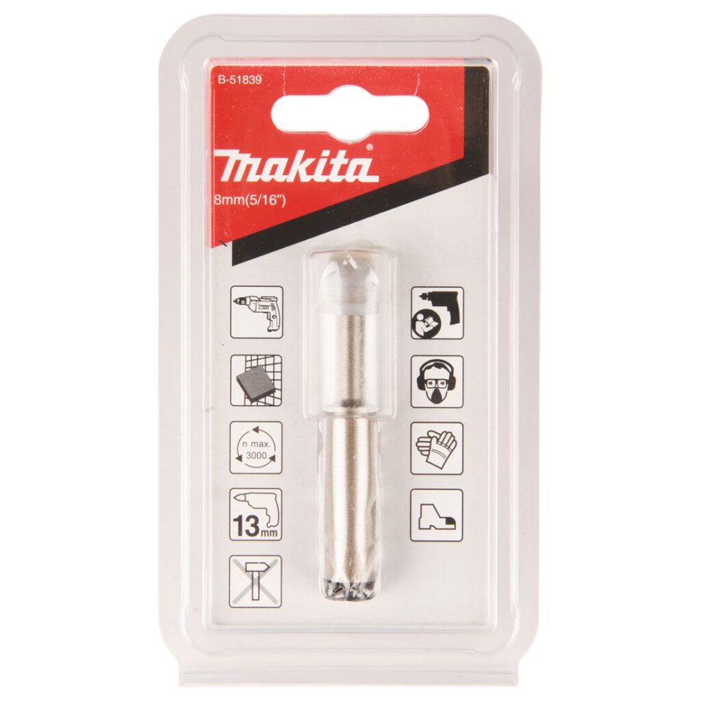 MAKITA Timanttiporanterä laatoille 8 mm. Porakoneeseen 13 mm istukalla. Kuvassa tuotteen myyntipakkaus edestäpäin.