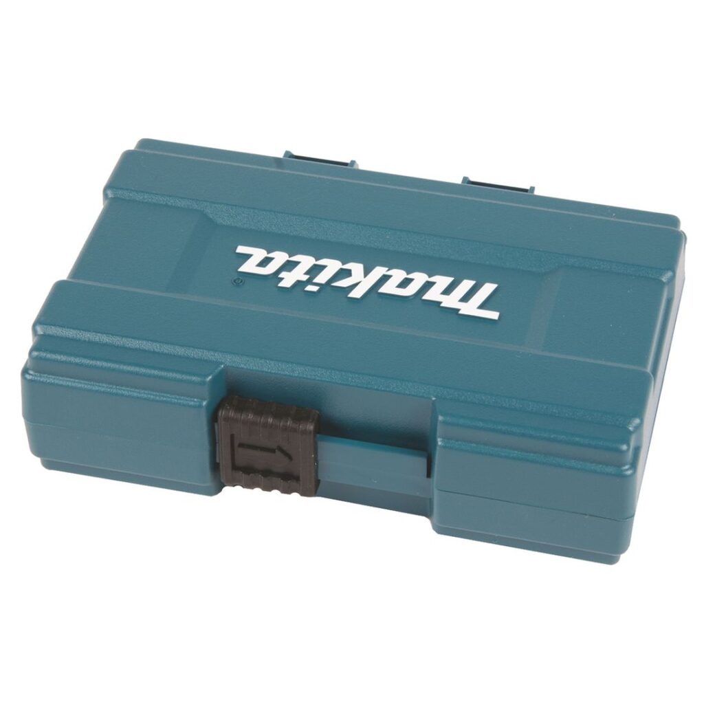 MAKITA Ruuvikärkisarja 21osainen räikällä ja hylsyillä. Kuvassa Ruuvikärkisarja 21osainen räikällä ja hylsyillä oikealta etuyläviistosta.