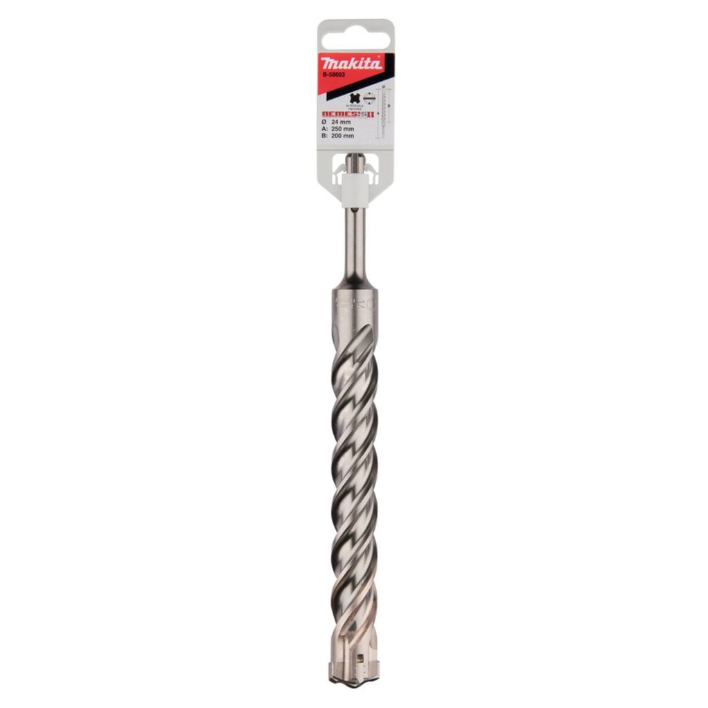 MAKITA Poranterä SDS-PLUS 24 x 250 mm, 4-leikkuinen Nemesis2 terä. Lähikuvassa Poranterä SDS-PLUS 24 x 250 mm, 4-leikkuinen Nemesis2 terä edestäpäin.