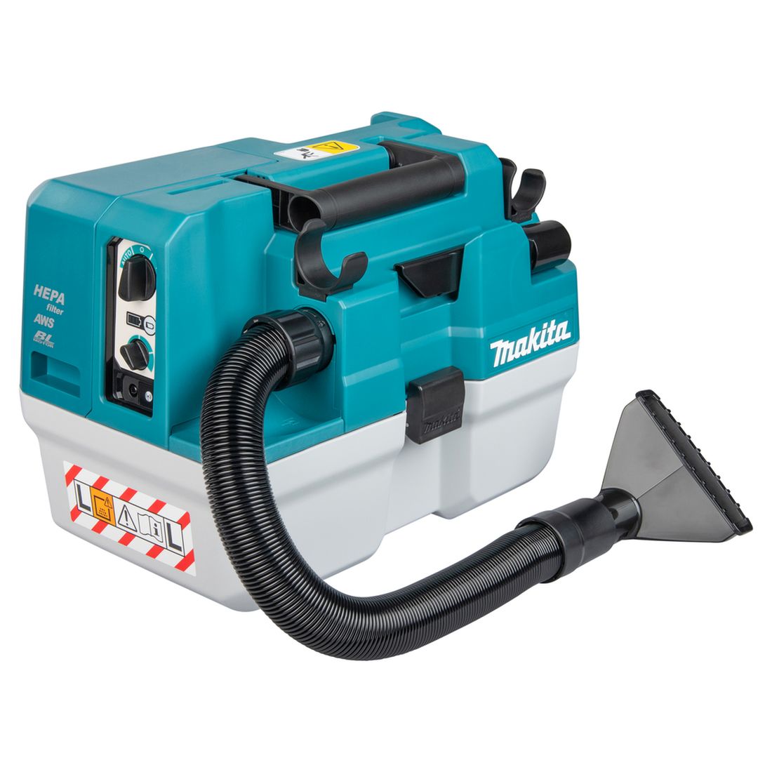 MAKITA Akkuimuri XGT. Kuvassa akkuimuri vasemmalta etuyläviistosta.