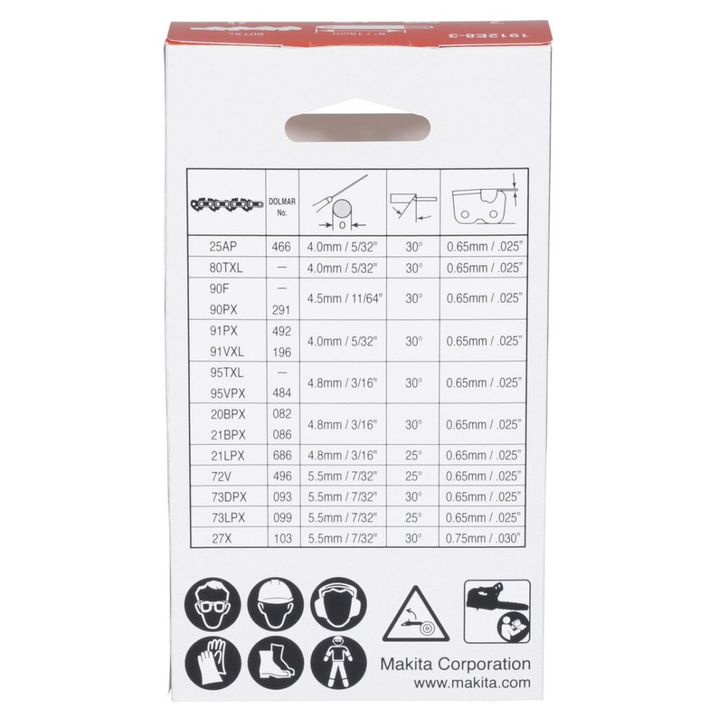 MAKITA Teräketju -32, 0,325, 1,1 mm, 6 / 15 cm 1912E8-3. Kuvassa Teräketju -32, 0,325, 1,1 mm, 6 / 15 cm 1912E8-3:n myyntipakkaus takaapäin.