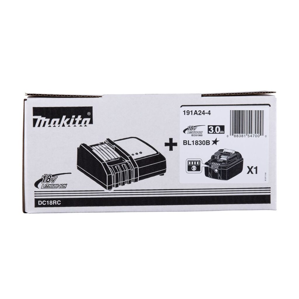 MAKITA PowerPack LXT 1x3,0Ah, DC18RC 191A24-4. Kuvassa PowerPack LXT 1x3,0Ah, DC18RC 191A24-4:n myyntipakkaus edestäpäin.