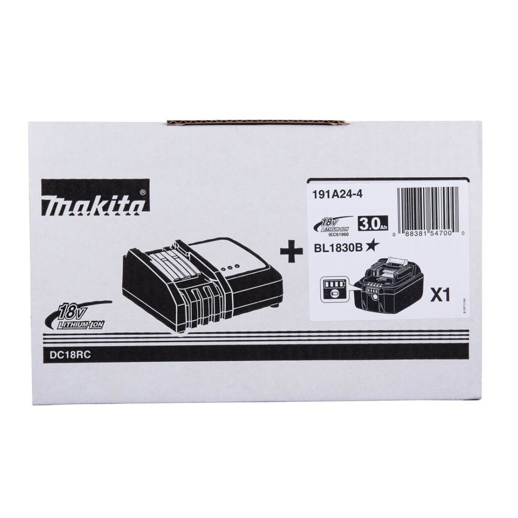 MAKITA PowerPack LXT 1x3,0Ah, DC18RC 191A24-4. Kuvassa PowerPack LXT 1x3,0Ah, DC18RC 191A24-4:n myyntipakkaus ylhäältäpäin.
