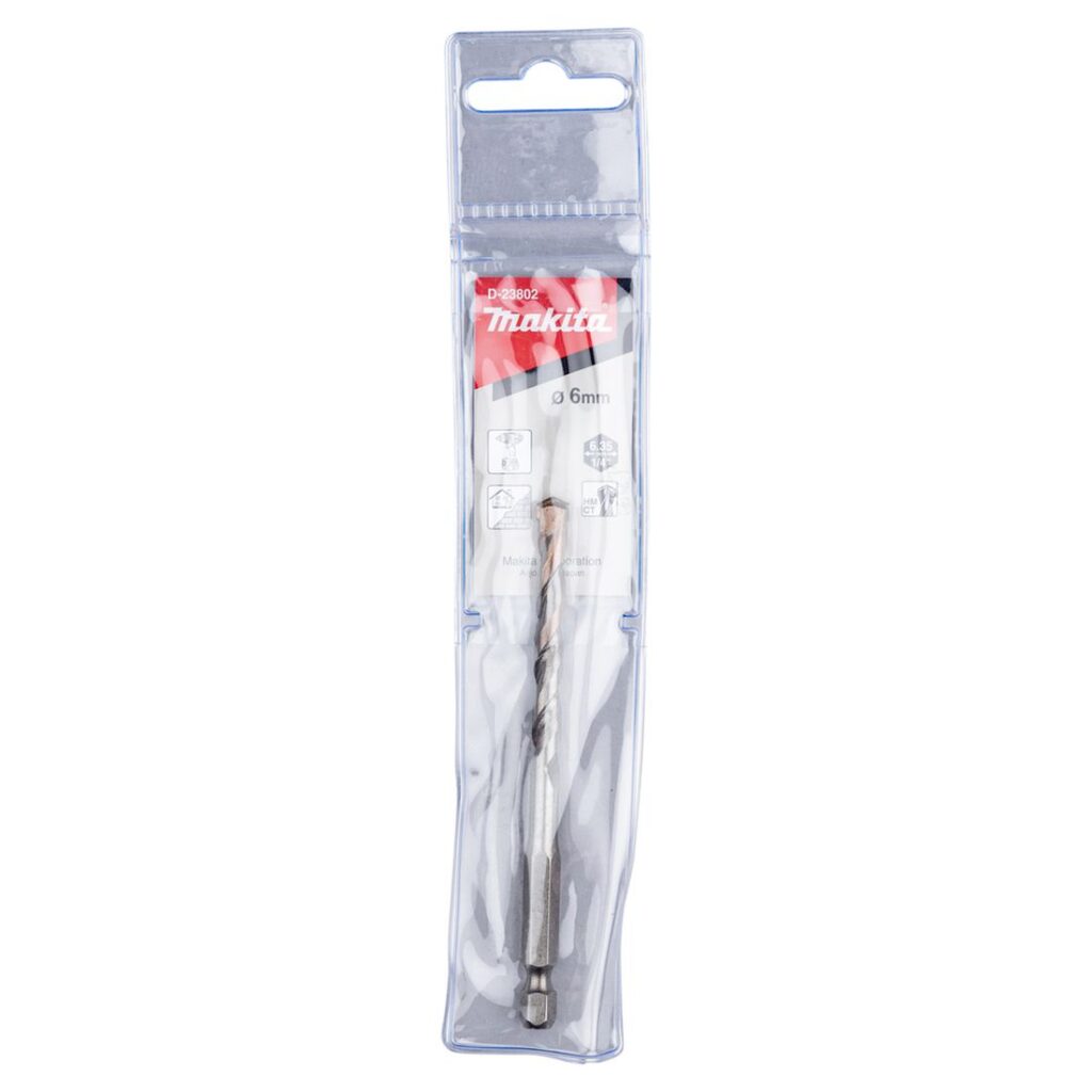 MAKITA Kiviporanterä 6 x 100 mm, 1/4 bitsikiinnitys D-23802. Kuvassa Kiviporanterä 6 x 100 mm, 1/4 bitsikiinnitys D-23802:n myyntipakkaus edestäpäin.