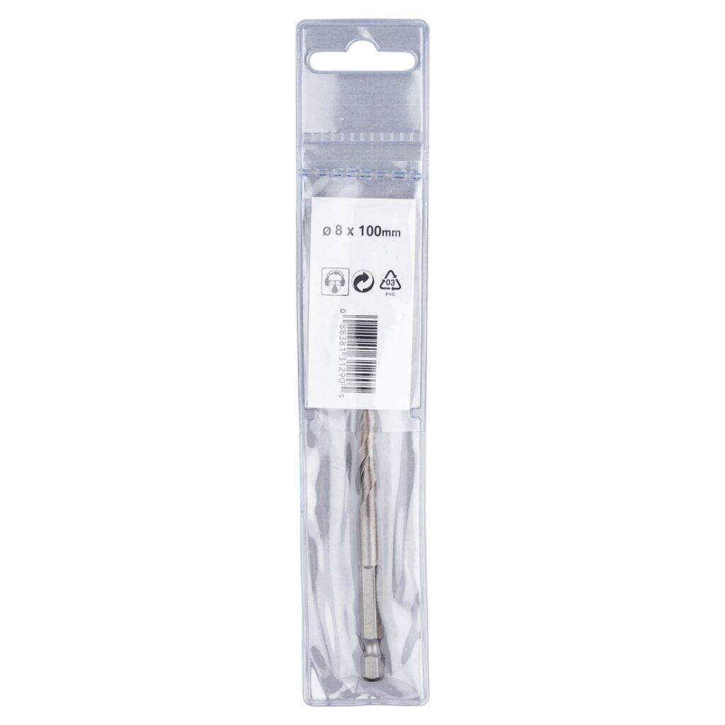 MAKITA Kiviporanterä 8 x 100 mm, 1/4 bitsikiinnitys D-23818. Kuvassa Kiviporanterä 8 x 100 mm, 1/4 bitsikiinnitys D-23818:n myyntipakkaus takaapäin.