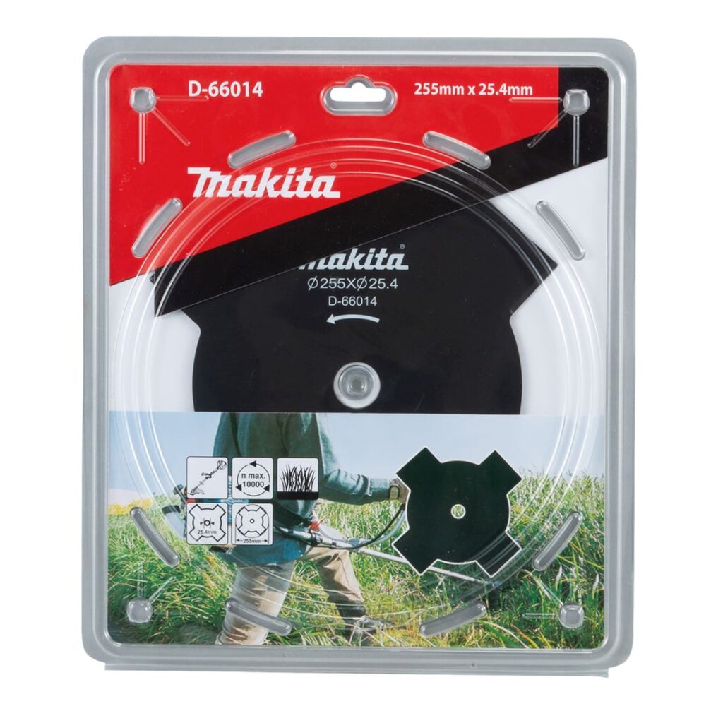 MAKITA Ruohoterä 4lapainen 255 x 25,4 mm. Kuvassa tuotteen myyntipakkaus edestäpäin.