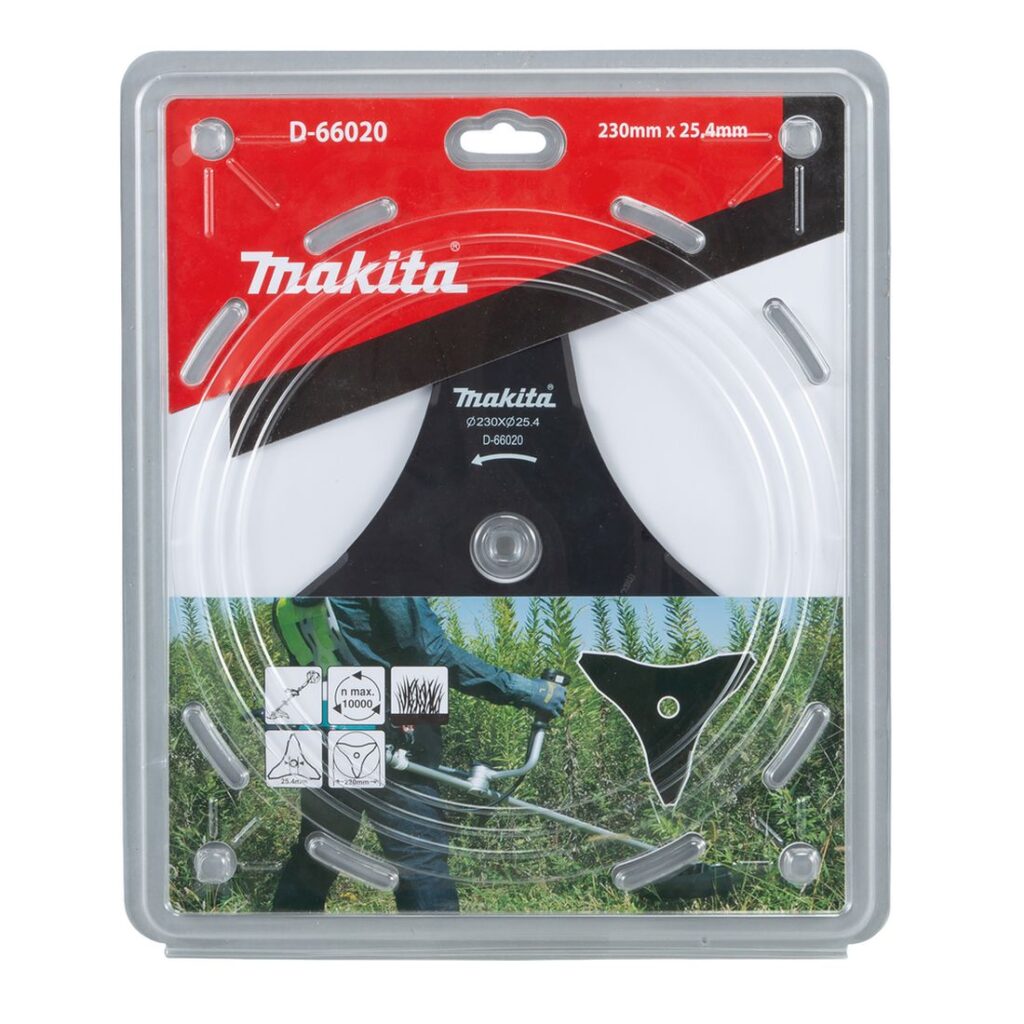 MAKITA Ruohoterä 3lapainen, 230 x 25,4 mm. Kuvassa tuotteen myyntipakkaus edestäpäin.