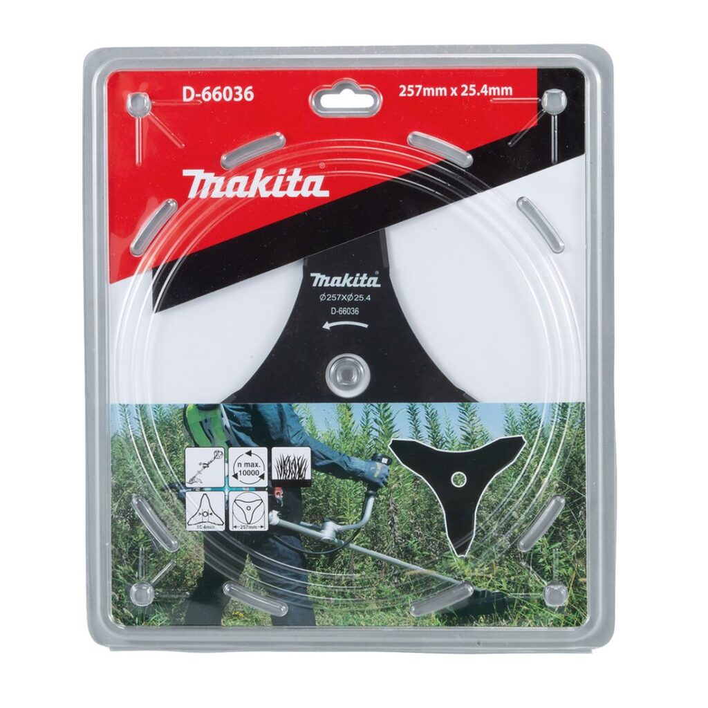 MAKITA Ruohoterä 3lapainen 255 x 25,4 mm. Kuvassa tuotteen myyntipakkaus edestäpäin.
