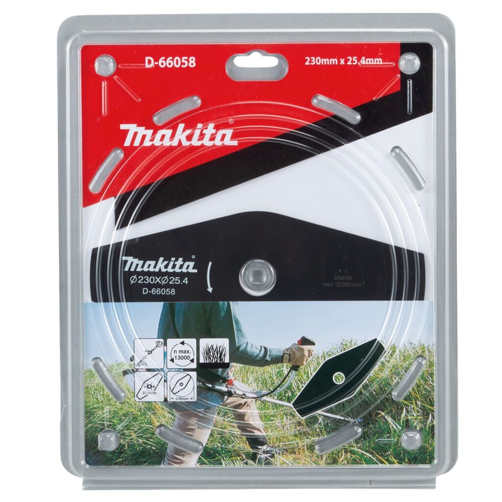 MAKITA Ruohoterä 2lapainen 230 x 25,4 mm. Kuvassa tuotteen myyntipakkaus edestäpäin.