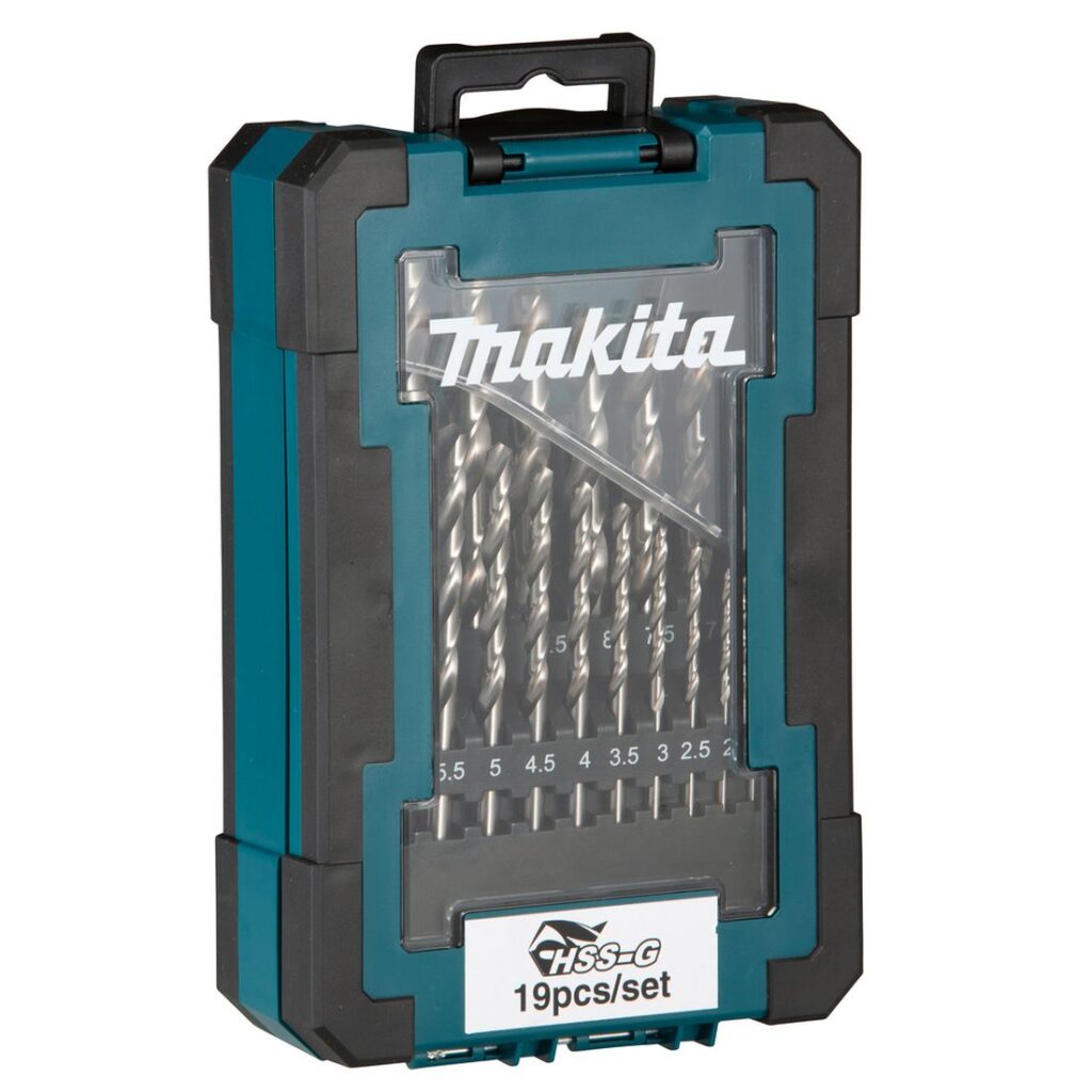 MAKITA Metalliporanteräsarja HSSG, 19 osaa. Kuvassa Metalliporanteräsarja HSSG, 19 osaa vasemmalta etuyläviistosta.