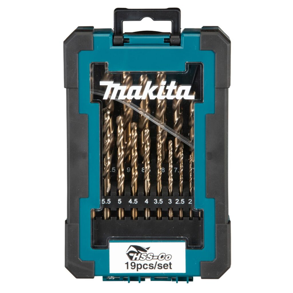 MAKITA Metalliporanteräsarja HSSCoboltti 5 %, 19 osaa. Kuvassa Metalliporanteräsarja HSSCoboltti 5 %, 19 osaa edestäpäin kansi kiinni.